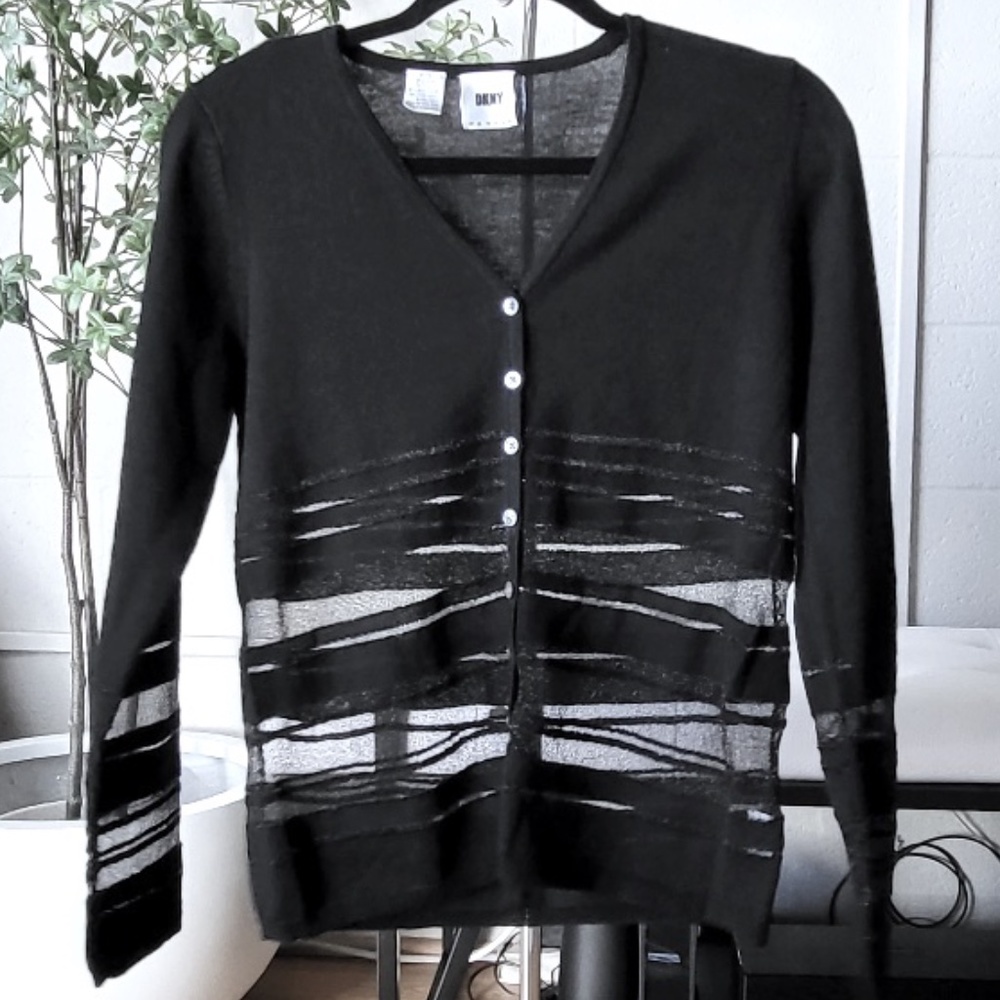DKNY Petite V-Neckline Semi Sheer Button Down Sweater. Size P/S